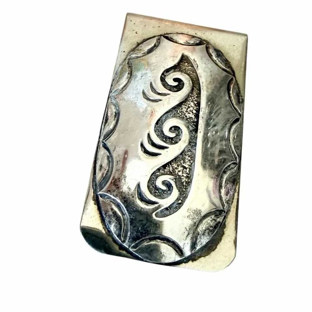 Vintage Sterling Silver Overlay Money Clip Hand Engraved Scroll Design
